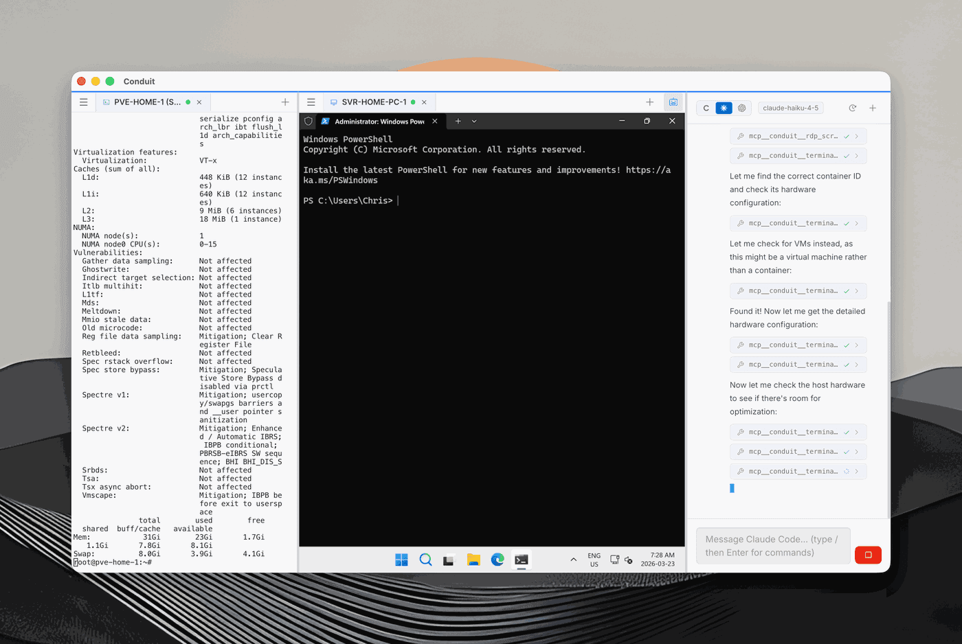 Conduit Desktop with an SSH session, a Windows remote desktop, and an AI agent panel running tools side by side