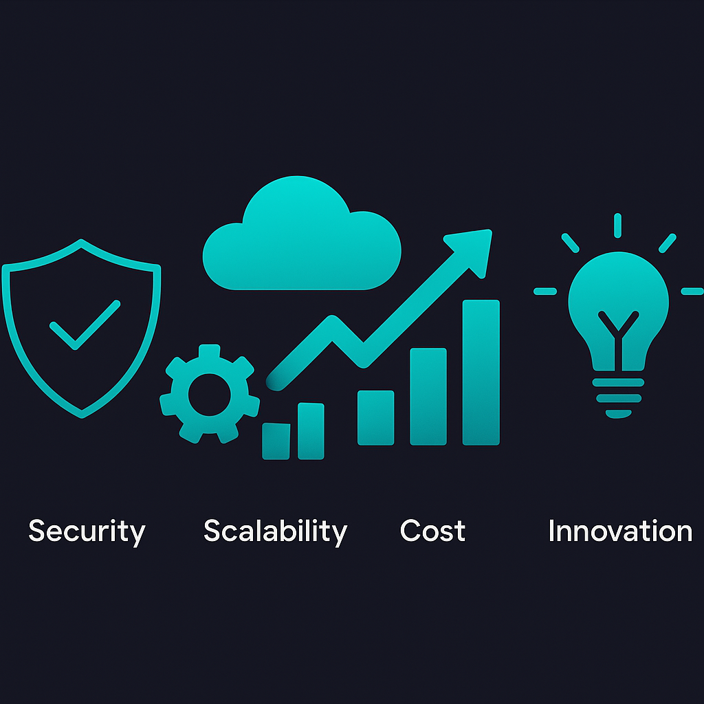 Visual representation of CloudWise benefits: security, scalability, cost optimization, innovation